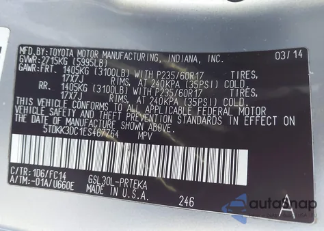 2014 Toyota Sienna Le V6 8 Passenger из США, поврежденный, VIN 5TDKK3DC1ES467764